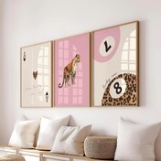 Resim 3 Adet Çerçevesiz Pembe Leopar & Çita Tuval Baskıları - "Ne Kadar Şanslıyız" 8 Top Tasarım, Oturma Odası, Yatak Odası veya Ev Ofisi İçin Modern Minimalist Duvar Dekoru, Mükemmel Hediye Fikri, Yatak Odası Duvar Sanatı | Geometrik Desen Dekor | Cesur Grafik Sanat 