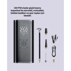 Resim Aesco LED Fenerli ve Sos Işıklı Çok Fonksiyonlu Hava Kompresörü 