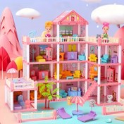 Resim DIY Pembe & Bebek Evi Oyun Seti, 4 Rastgele Renkli Figürler, Köpek ve Çok Katlı Mobilyalar (Yataklar, Kanepeler, Sandalyeler) - Erkek ve Kız Çocukları için Yaratıcı Rol Oyunu Hediyesi, Hayal Gücüyle Dolu Senaryolar İçin Doğum Günü Oyuncakları, Bebek Evi Minyatürleri 