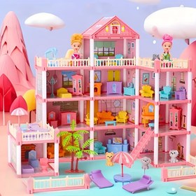 Resim DIY Pembe & Bebek Evi Oyun Seti, 4 Rastgele Renkli Figürler, Köpek ve Çok Katlı Mobilyalar (Yataklar, Kanepeler, Sandalyeler) - Erkek ve Kız Çocukları için Yaratıcı Rol Oyunu Hediyesi, Hayal Gücüyle Dolu Senaryolar İçin Doğum Günü Oyuncakları, Bebek Evi Minyatürleri 