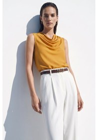 Resim Sateen Degaje Yaka Kolsuz Bluz - Hardal-137384 
