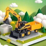 Resim Erkek çocuklar için mükemmel bir hediye olan, kazıcı, buldozer ve kamyonlu üçlü bir yapı taşı oyuncak, yüksek kaliteli üçlü bir yapı taşı oyuncak, kazıcı, buldozer ve kamyonlu, Şükran Günü ve doğum günü hediyeleri için mükemmel. 