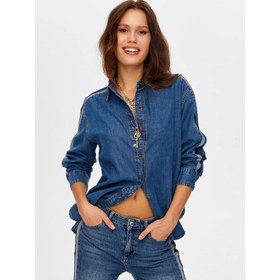 Resim Faik Sönmez Kontrast Bant Detaylı Tenselli Kadın Jean Gömlek W26JGM001 (UW26JGM001) 
