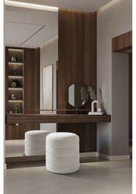 Resim Makyaj Masası Pufu - Beyaz Puf Havlu Kumaş - Dekoratif - Ayak Uzatma Pufu - Yuvarlak Puf-cnc Çizgili Beyaz 