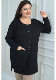 Resim By Saygı Kadın Büyük Beden Likralı Cepli Fitilli Triko Hırka Siyah 