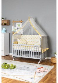 Resim Ahşap Beşik Anne Yanı Beşik Gri 60x120 - Sarı Yıldız 1 Yastıklı Uyku Seti + Yataklı + Tekerlekli Gri 