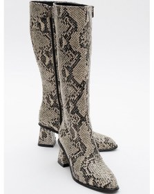 Resim Luvi Shoes Elly Siyah Beyaz Desenli Kadın Kalın Topuklu Çizme Siyah - Beyaz 