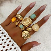 Resim 7 Parça Retro Lüks Minimalist Çok Renkli Yapay Kristal Yüzük Seti, Kadınlar İçin Günlük Kullanım ve Parti Aksesuarları için Ayarlanabilir Altın Kaplama Geniş Bantlı Metal Yüzükler 
