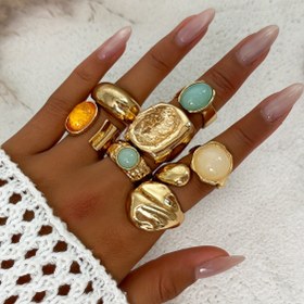 Resim 7 Parça Retro Lüks Minimalist Çok Renkli Yapay Kristal Yüzük Seti, Kadınlar İçin Günlük Kullanım ve Parti Aksesuarları için Ayarlanabilir Altın Kaplama Geniş Bantlı Metal Yüzükler 