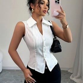Resim Kadınlar için Şık ve Moda Commuter Günlük Tatil V-Yaka Kolsuz Çizgili Üst, Düğme Detaylı ve Yırtmaç Etekli, İlkbahar/Yaz İçin Uygun 