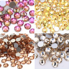 Resim Moda Parıltısı] Çok Renkli Kristal Cam Tırnak Sanatı Taşları - Düz Tabanlı, Yuvarlak Mücevherler Pembe, Altın, Şampanya ve Şeffaf Renklerde - Tırnaklar ve El İşleri için Parıldayan DIY Takı Aksesuarları 