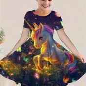 Resim Kız Çocuk Unicorn Karikatür Tuniği Elbisesi, Polyester %100 Kısa Kollu, Yazlık Rahat Yuvarlak Yaka 3D Baskılı, Aplike Detaylı, Hafif Esnek - Çocuklar İçin Prenses Elbisesi 