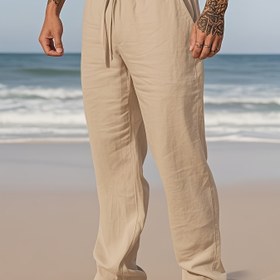 Resim Erkekler için nefes alabilen yün hip-hop pantolonları - Rahat bol kesim, serin düz renk siyah ve beyaz, gençlik havası ile rahat plaj veya açık hava etkinlikleri için giyim, plaj giyim pantolonları | Rahat kesim pantolonları | Doğal kumaş 