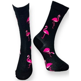Resim Me-vo Tekli Siyah Renkli Erkek - Kadın Unisex Esnek Nem Alabilen Pamuklu Flamingo Desenli Soket Çorap Siyah 