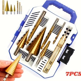 Resim 7 adet Titanyum HSS Adım Matkap Seti - Paslanmaya Dayanıklı, Düz Oluk Konik Delik, Otomatik Merkez Çekiç ve Spiral Twist Testere Matkap Uçları Ahşap, Metal ve Plastik için, Montaj Gerektirmez, Matkap Aksesuarları | Titanyum Matkap Uçları | Dayanıklı Matkap Uçları 