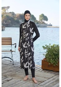 Resim Estiva 25980 Siyah Dijital Desenli Tam Boy Lycralı Tesettür Mayo 