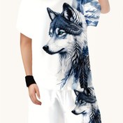 Resim Erkek çocuklar için 2 parça takım, moda 3D baskılı beyaz kurt kısa kollu tişört ve şortlu yazlık bahar/summer takımı, erkek çocukları için açık hava üstü 