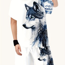 Resim Erkek çocuklar için 2 parça takım, moda 3D baskılı beyaz kurt kısa kollu tişört ve şortlu yazlık bahar/summer takımı, erkek çocukları için açık hava üstü 