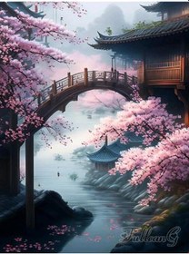 Resim Mavi Japon Kiraz Çiçekleri Elmas Boyama Yeni Gelenler Şelale Tapınak Manzara Tam Taklidi Mozaik Çapraz Dikiş Kanvas Tablo 56919669 