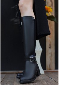 Resim Yandan Fermuarlı Topuklu Diz Altı Çizme Cilt Siyah Topuk Boyu 5 Cm Siyah 