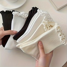 Resim 3/6 Çift Salatalık Kenarlı Çorap, Tatlı ve Rahat Kaburga Desenli Orta Boy Çoraplar, Kadın Çorapları & Taytları 