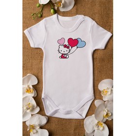 Resim Kız Bebek Hello Kitty Balon Organik Baskılı Pamuklu Beyaz Çıtçıtlı Body Zıbın 5097 