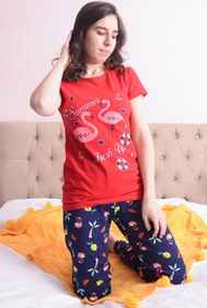 Resim AVORWE Flamingo Baskılı Kısa Kol Üst ve Uzun Alt Pijama Takımı 