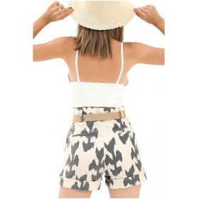 Resim Hasır Kemer Baskılı Keten Şort - Siyah-siyah Siyah 