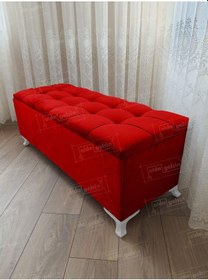 Resim Çizgi Kapitoneli Sandıklı Puf 110 Cm Beyaz Ayak Kırmızı 