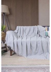 Resim Pamuklu Zikzak Desenli Püsküllü Koltuk Örtüsü 170x210 Cm Dekoratif Ve Çok Amaçlı Gri 