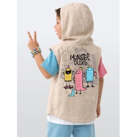Resim Denokids Erkek Çocuk Kapüşonlu Yelek Keten Görünümlü Dokuma Kumaş Canavar Baskılı 