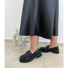 Resim Aria Siyah Deri Kalın Taban Kadın Makosen Loafer 