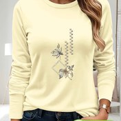 Resim Yaprak ve Geometrik Baskılı Uzun Kollu Kadın T-Shirt - Bahar/Yaz için Rahat Yuvarlak Yaka Üst, Siyah Beyaz Dekoratif Tasarım, Bayan T-Shirt 