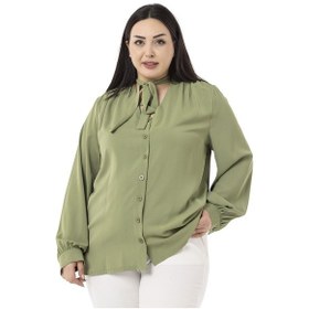 Resim Büyük Beden Boyundan Bağlama Detaylı Manşetli Fıstık Yeşili Gömlek-fıstık Yeşili Fıstık Yeşili 