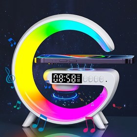 Resim Kablosuz Şarjlı Alarm Saati Hoparlörü Manyetik - RGB Ortam Işığı, Hızlı Şarj, Çift Güç Modu, Basma Düğme Kontrolü, Mono Ses Çıkışı - iPhone 15 14 13 12 için Pil Gerektirmeyen Mükemmel Uyanma Masa Lambası 