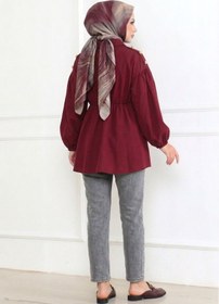 Resim EnModa Kadın Saten Beli Lastikli Omuzları Düğme Detaylı V Yaka Tesettür Gömlek 