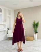 Resim Kadın Askılı Yuvarlak Yakalı Asimetrik Kesim Detaylı Viskon Elbise Bordo 