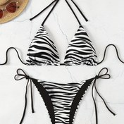 Resim Yazlık Sıcak Bikini İki Parça Zebra Desenli Takım 