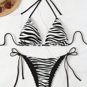 Resim Yazlık Sıcak Bikini İki Parça Zebra Desenli Takım 