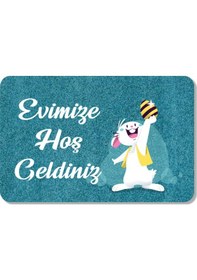 Resim Dijital Baskılı Kapı Önü Paspas Hoşgeldiniz Yazılı Çiçek Desen Ve Tavşan Iç Ve Dış Kapı Yıkanabilir Altın 