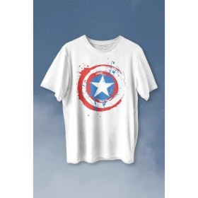 Resim Kendim Seçtim Captain America Kaptan Amerika Kalkan Logo Baskılı Tişört T-Shirt Beyaz 