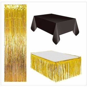 Resim 3 Parça Siyah Masa Örtüsü, Gold Masa Eteği, Gold Arka Fon Tüm Yaşlar 