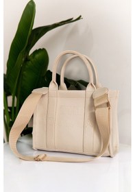 Resim Kadın Krem Tote Bag Deri Uzun Askılı Mini Çanta Ve Omuz Çantası Krem 