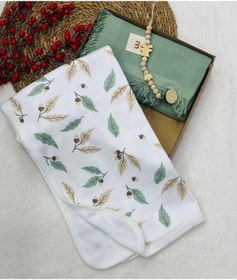 Resim Müslin Battaniye Ve Pamuk Battaniye + Emzik Askısı Hediyeli Kutulu Haki & Yaprak 