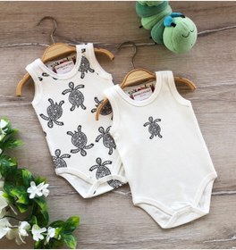 Resim Renkli Puset 2'li Pamuklu Bebek Askılı Çıt Çıtlı Body Zıbın Takım Kaplumbağa Caretta Caretta 