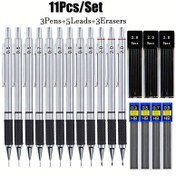 Resim 11 adet Mekanik Kalem Seti, 5 Kutu 0.3/0.5/0.7/0.9/2.0mm Kurşun Dikiş ve Yazma, Çizim, Tasarım, Okul ve Ofis Malzemeleri için 3 Silgiler - İnce Yazma Araçları, Ofis Malzemeleri|Şık Metal Kalemler|Dayanıklı Plastik Gövde 