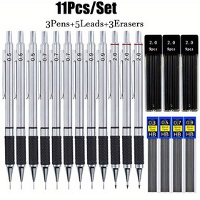 Resim 11 adet Mekanik Kalem Seti, 5 Kutu 0.3/0.5/0.7/0.9/2.0mm Kurşun Dikiş ve Yazma, Çizim, Tasarım, Okul ve Ofis Malzemeleri için 3 Silgiler - İnce Yazma Araçları, Ofis Malzemeleri|Şık Metal Kalemler|Dayanıklı Plastik Gövde 