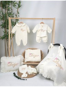 Resim Gros Shop Müslin Yeni Doğan 4katlı Organik %100pamuk Kişiye Özgü Nakışlı Hastane Çıkış Seti Çiçekli Model-1 Ekru-1 