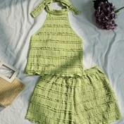 Resim Kadınların Yeşil İki Parça Rahat Tank Üstü ve Şort Takımı - Sırtı Açık, Bol Kesim, İlkbahar/Yaz, Günlük Giyim|Arka Açık Moda|Dokulu 