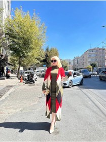 Resim Uzun Hırka İçi Elbise İkili Triko Takım Ekose Baklava Desen Haki Kırmızı Haki 
